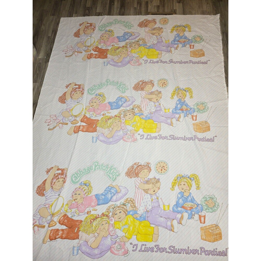 1983 Cabbage Patch Kids Fabric 94x70 Striped "I Live For Sleepovers" Vintage